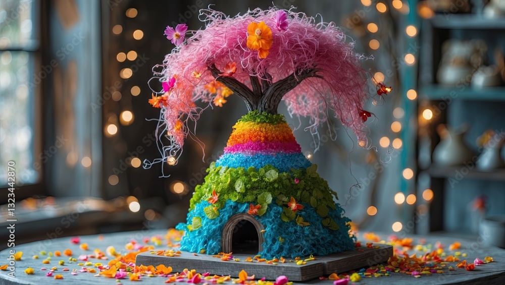 Poster colorful whimsical dessert display featuring a multicolored candy tower with a pink tree and vibrant