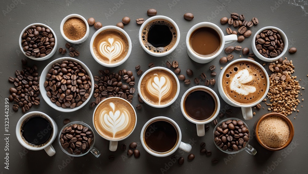 Poster Diverse array of Italian coffees in white cups on a dark table with scattered coffee beans background featuring cream art and rich textures.