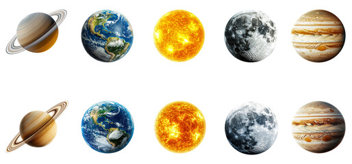 Set of Planet Earth, Sun, Moon, Jupiter, and Saturn – Transparent Background, PNG