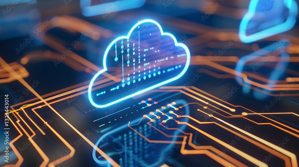 Poster futuristic cloud computing concept with digital circuit background illuminated in neon blue and oran