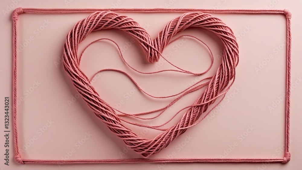Aufkleber Heart shape formed by pink strings intertwined within a rectangular pink border on a soft pastel background, creating a delicate and warm visual.