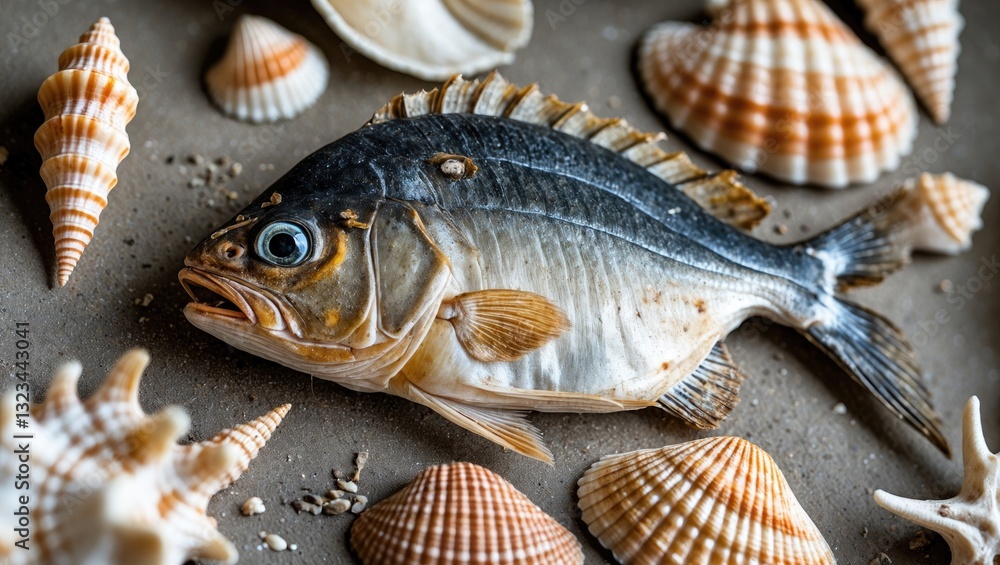 Poster detailed arrangement of a dead dried fish positioned centrally with assorted seashells in beige and 