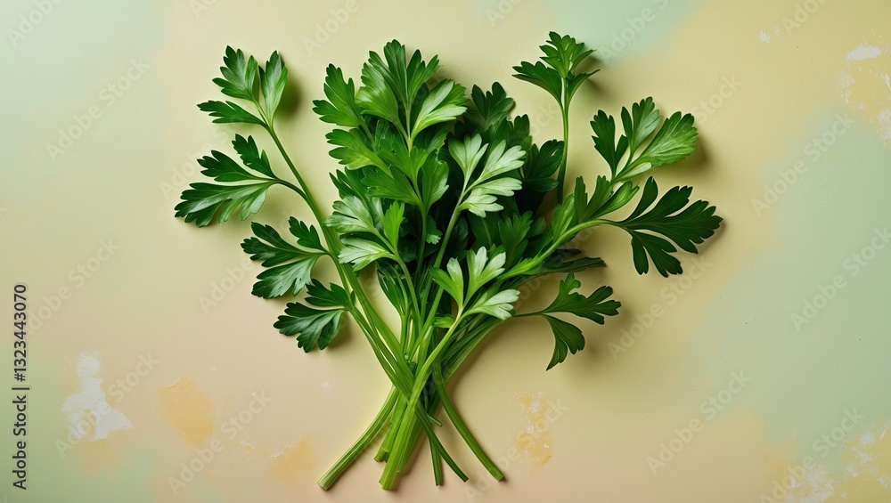 Leinwandbilder fresh green parsley leaves arranged neatly on a soft pastel background with hints of yellow and blue