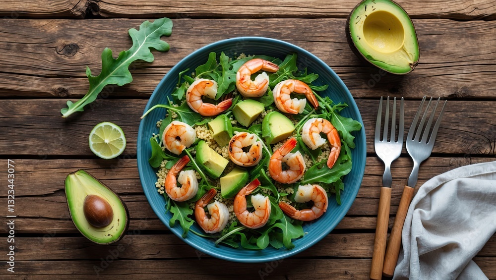 Poster fresh shrimp and avocado salad on rustic wooden table with green arugula and lime garnish featuring 