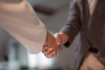 Two business professionals shaking hands after successfully closing a deal in the office, embodying trust and collaboration while celebrating a significant partnership achievement