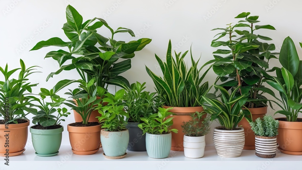Aufkleber potted plants in various shapes and sizes arranged on a shelf against a neutral wall showcasing gree