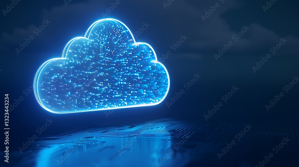 Poster futuristic cloud computing concept with glowing particles over dark background and circuit board des