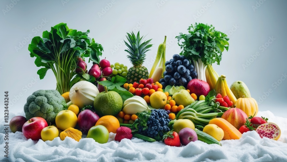 Poster colorful display of assorted fruits and vegetables including greens pineapples bananas and a variety