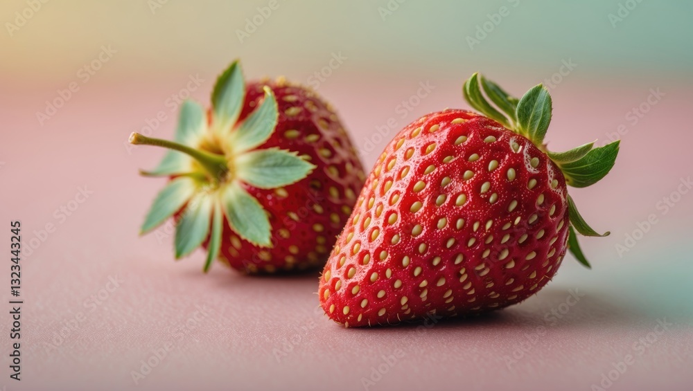 Poster Two vibrant red strawberries positioned diagonally on a soft pastel pink background with subtle gradient hues in blue and green tones.