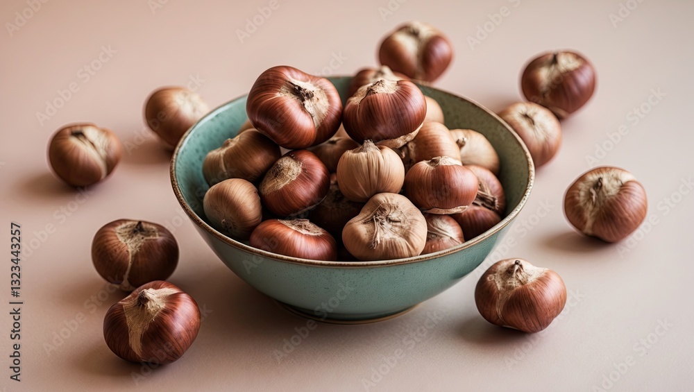 Poster bowl of glossy horse chestnuts in turquoise with soft pastel background, scattered nuts creating a s