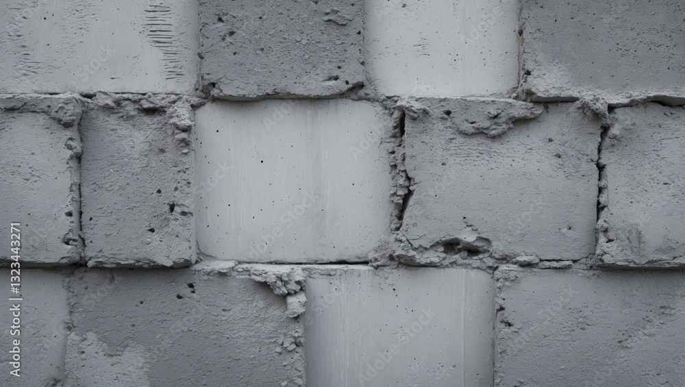 Aufkleber Gray and white textured cement wall featuring a mix of rough and smooth stucco surfaces with visible joints between the blocks in a grid layout.