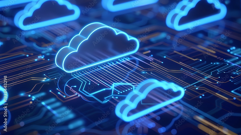 Poster futuristic cloud computing concept with neon blue clouds and circuit board design in digital environ
