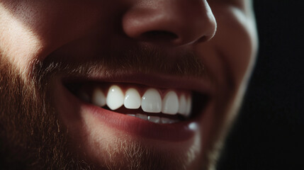 Fototapeta premium Close-Up of a Handsome Man with a Bright White Smile in Dark Lighting