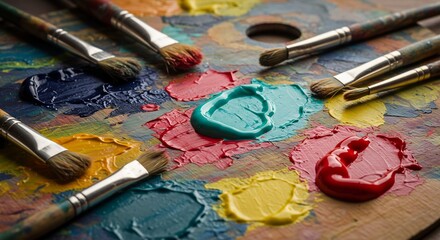 Obraz premium Vibrant paint palette art supplies richly textured. AI Generated