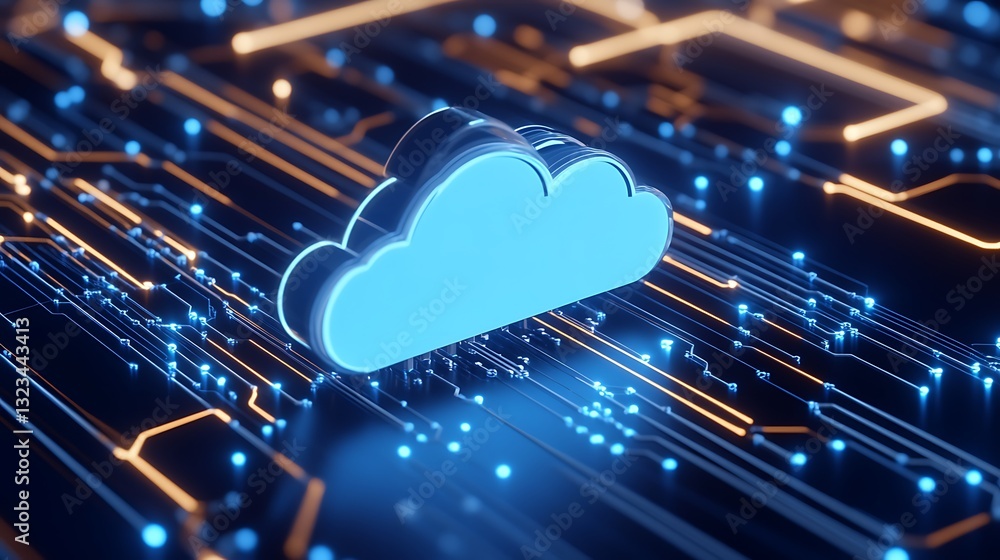 Poster futuristic cloud computing concept with neon circuitry and digital connections in a technology envir