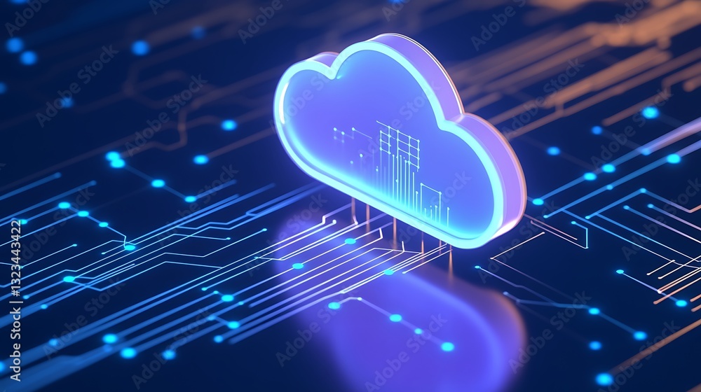 Poster futuristic cloud computing concept with neon circuits representing data transfer and digital transfo