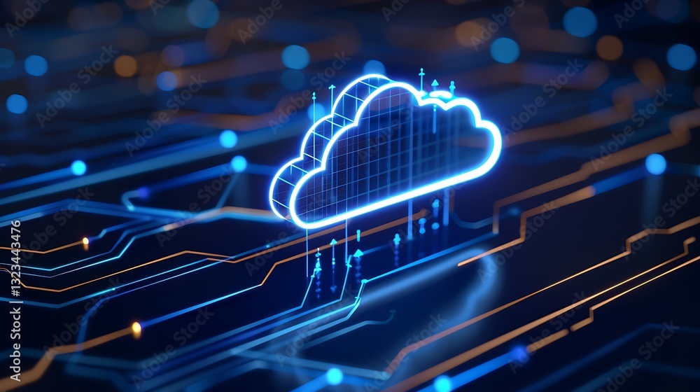 Poster futuristic cloud computing concept with neon glow on abstract circuit background for digital service
