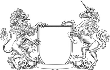 A heraldry crest lion and unicorn horse family coat of arms heraldic shield emblem design in an old medieval vintage style