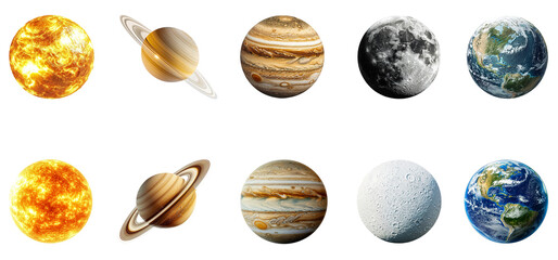 Set of Planet Earth, Sun, Moon, Jupiter, and Saturn – Transparent Background, PNG