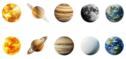 Set of Planet Earth, Sun, Moon, Jupiter, and Saturn – Transparent Background, PNG