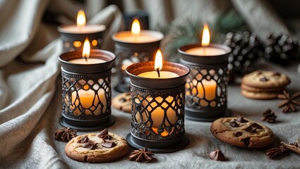 Elegant candle holders with burning candles surrounded by chocolate chip cookies on a soft beige fabric background with pinecones and spices.
