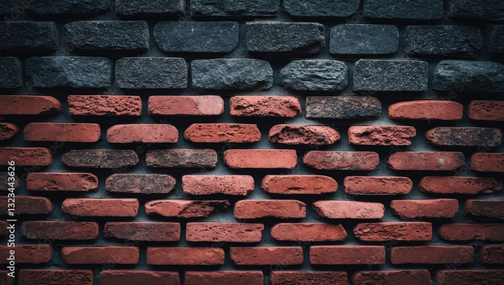 Poster dark textured red brick wall with black stone accents in a horizontal view creating a vintage and gl