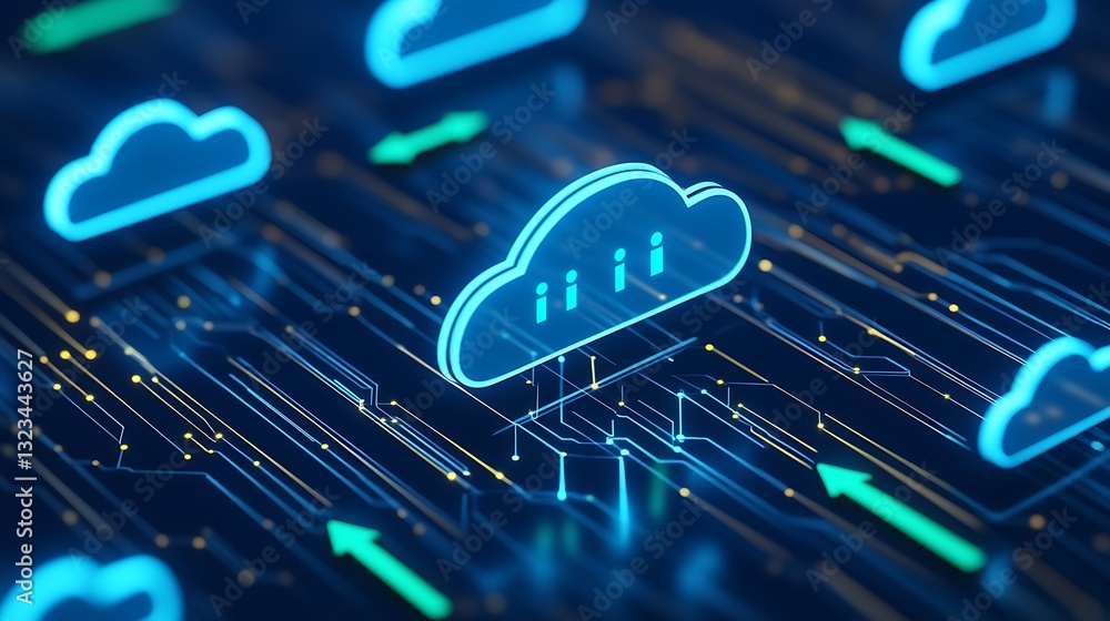 Poster futuristic cloud computing concept with neon lights and data flow visualizations in digital environm