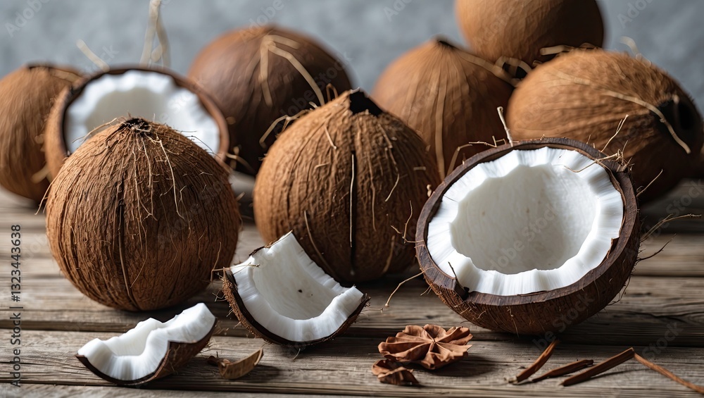 Aufkleber dried coconut shells arranged on rustic wooden surface with textured backdrop ideal for home decor, 