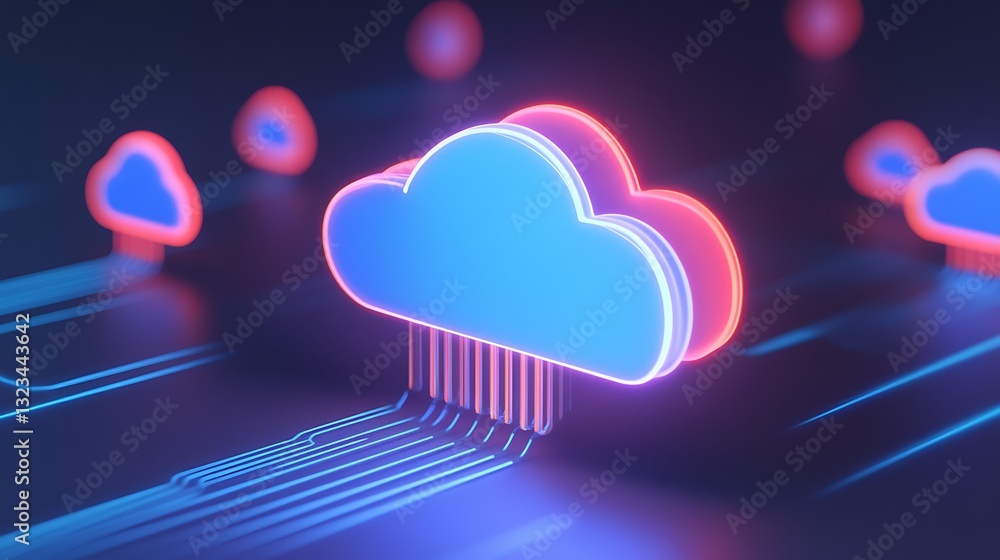 Poster futuristic cloud computing concept with neon lights and data lines representing digital connectivity