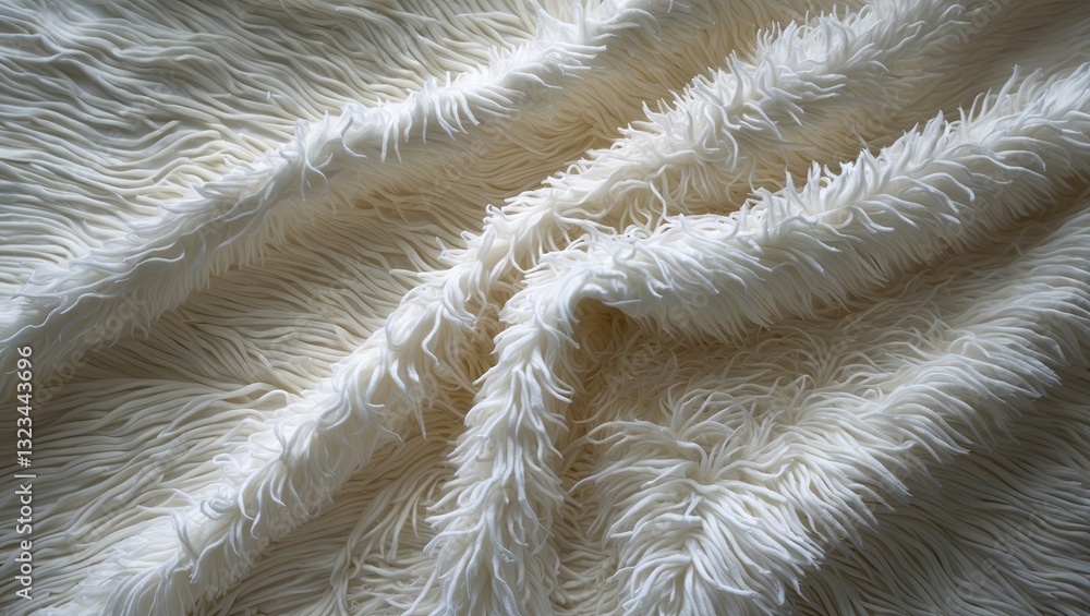Poster Shaggy white blanket texture with soft plush fibers arranged in flowing waves creating a cozy and inviting background perfect for design projects.