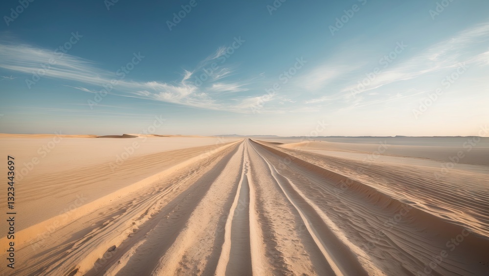 Aufkleber endless desert road stretching into the horizon under a clear blue sky with soft white clouds, featu