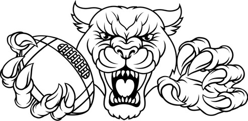 A panther, leopard or cougar wildcat cat jaguar American football sports mascot holding a ball