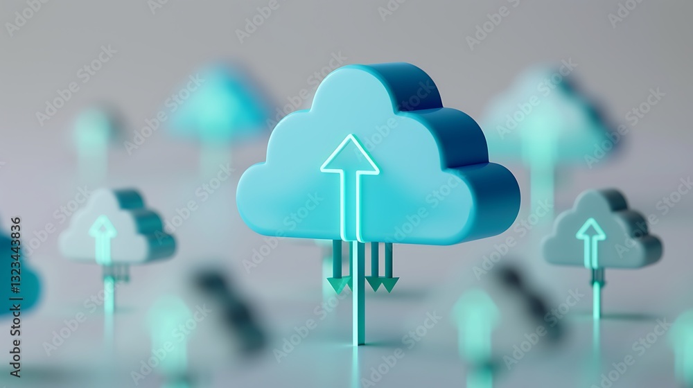 Poster futuristic cloud computing concept with upward arrows and digital connectivity elements in soft colo