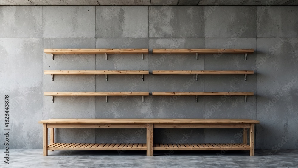Poster minimalist wooden shelves on a concrete wall with a rustic wooden table below, featuring neutral ton