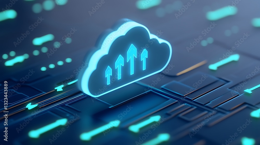 Poster futuristic cloud computing concept with upward arrows and digital circuit patterns for technology th