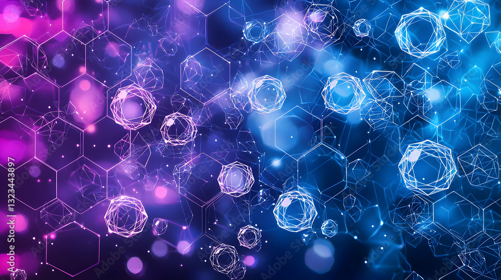 Poster abstract digital networked technology background with blue and purple hexagonal structures and glowi