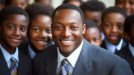 Fototapeta premium Cheerful Educator Surrounded by Smiling Young Students in a Classroom Setting During a Joyful School Event