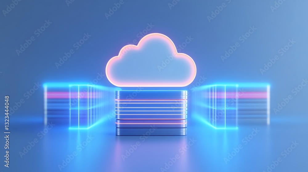 Poster futuristic cloud computing storage concept with glowing neon lines and modern design elements agains