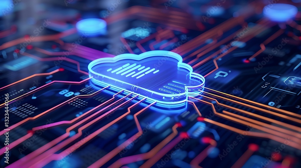 Poster futuristic cloud computing network with neon lights and circuit board design for technology backgrou