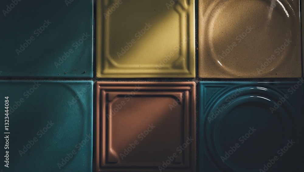 Poster colorful textured tiles with illumination contrast in green, yellow, and brown tones arranged symmet