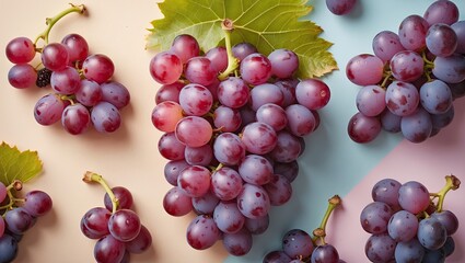 Obraz premium Fresh and ripe purple grapes scattered on a pastel peach and blue background with green leaves positioned prominently in top view composition.
