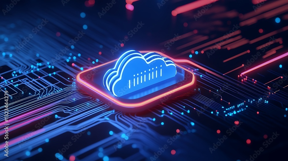 Poster futuristic cloud icon on abstract circuit board design with neon lights and digital technology eleme