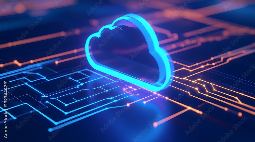 Poster futuristic cloud icon with circuit lines representing digital technology and data storage concepts