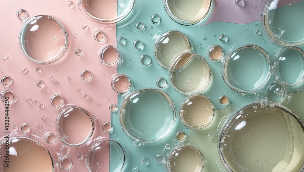 Poster transparent bubbles overlaid on a pastel pink and mint green background, creating a stylish and mode