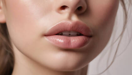 A hyper-realistic close-up portrait of a young woman's lips and nose, with delicate, soft lighting that highlights her flawless, smooth skin. Her lips are slightly parted, revealing a glimpse of her t