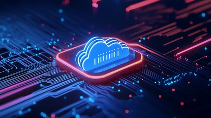 Futuristic Cloud Icon on Abstract Circuit Board Design with Neon Lights and Digital Technology Elements