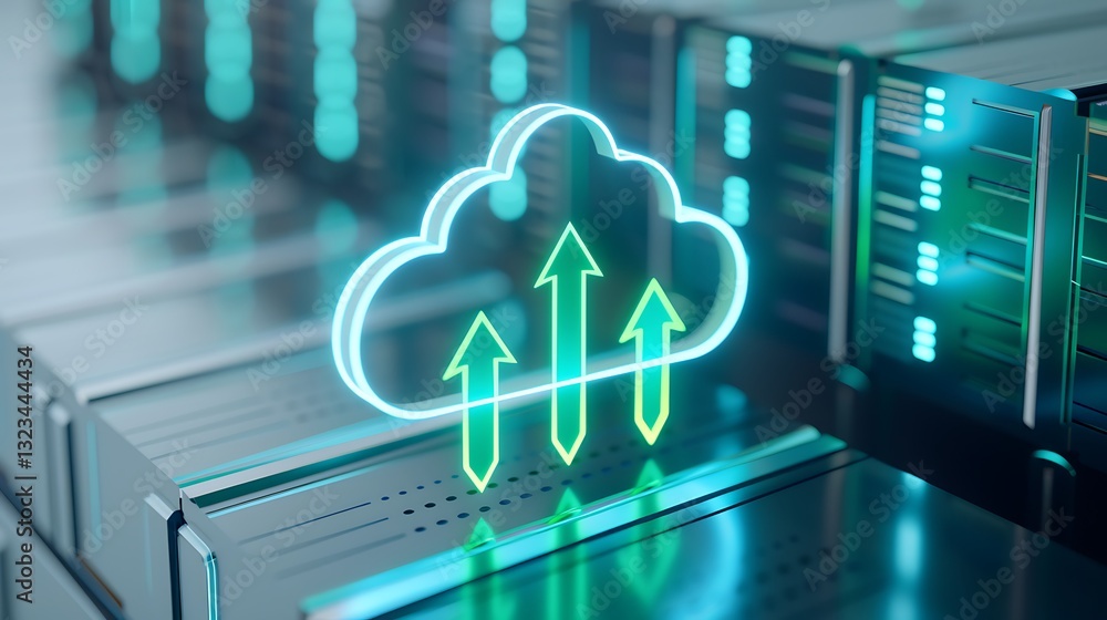 Poster futuristic cloud storage concept with arrows indicating data upload on server background