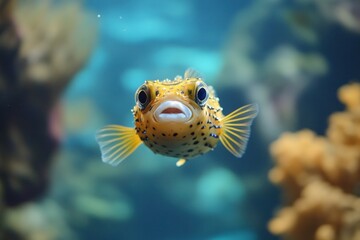Obraz premium Puffer fish swims gracefully through the clear blue waters of a coral reef, exhibiting its bright colors and distinctive round shape