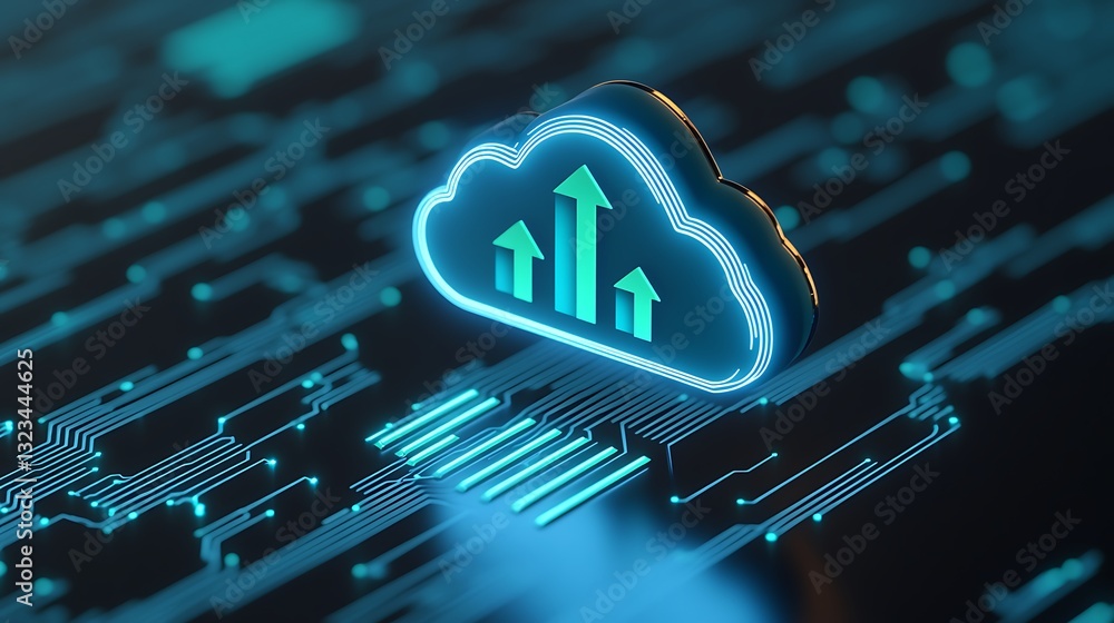 Poster futuristic cloud storage icon with data arrows on digital circuit background for technology concepts