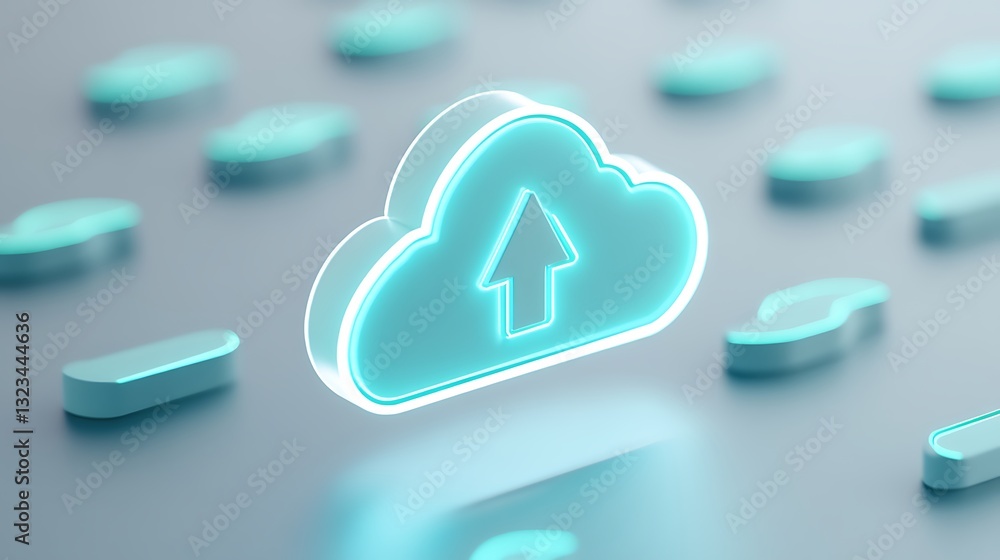 Poster futuristic cloud storage icon with upload arrow surrounded by soft blue elements on a modern backgro